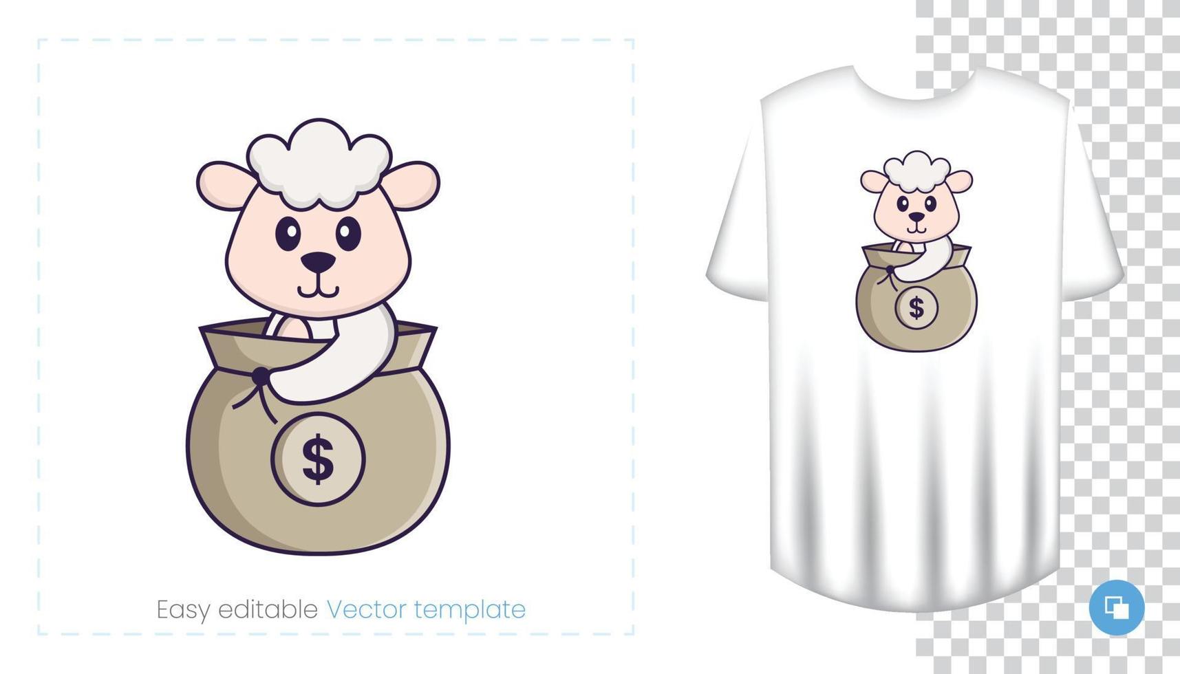 Cute sheep character. Prints on T-shirts, sweatshirts, cases for mobile phones, souvenirs. Isolated vector illustration on white background.