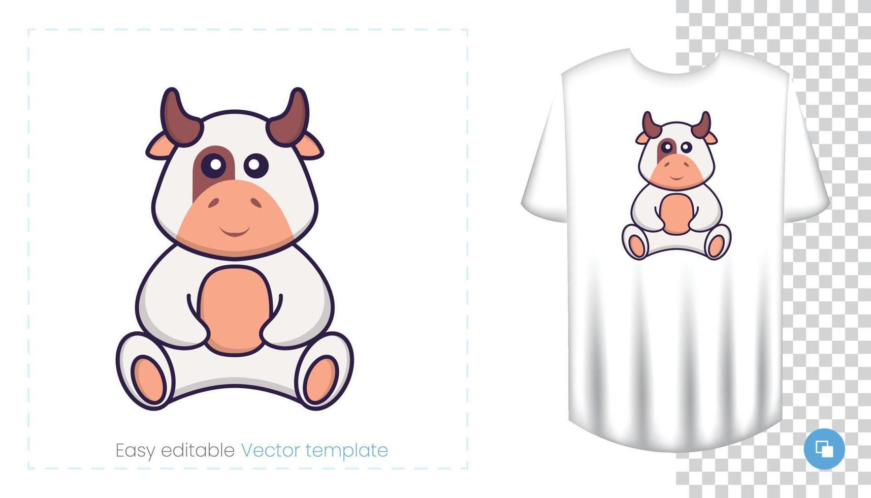 lindo personaje de vaca. estampados en camisetas, sudaderas, fundas para móviles, souvenirs. Ilustración de vector aislado sobre fondo blanco.