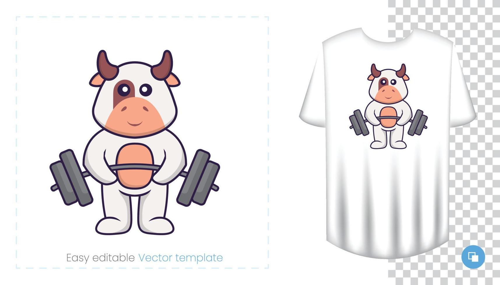 lindo personaje de vaca. estampados en camisetas, sudaderas, fundas para móviles, souvenirs. Ilustración de vector aislado sobre fondo blanco.