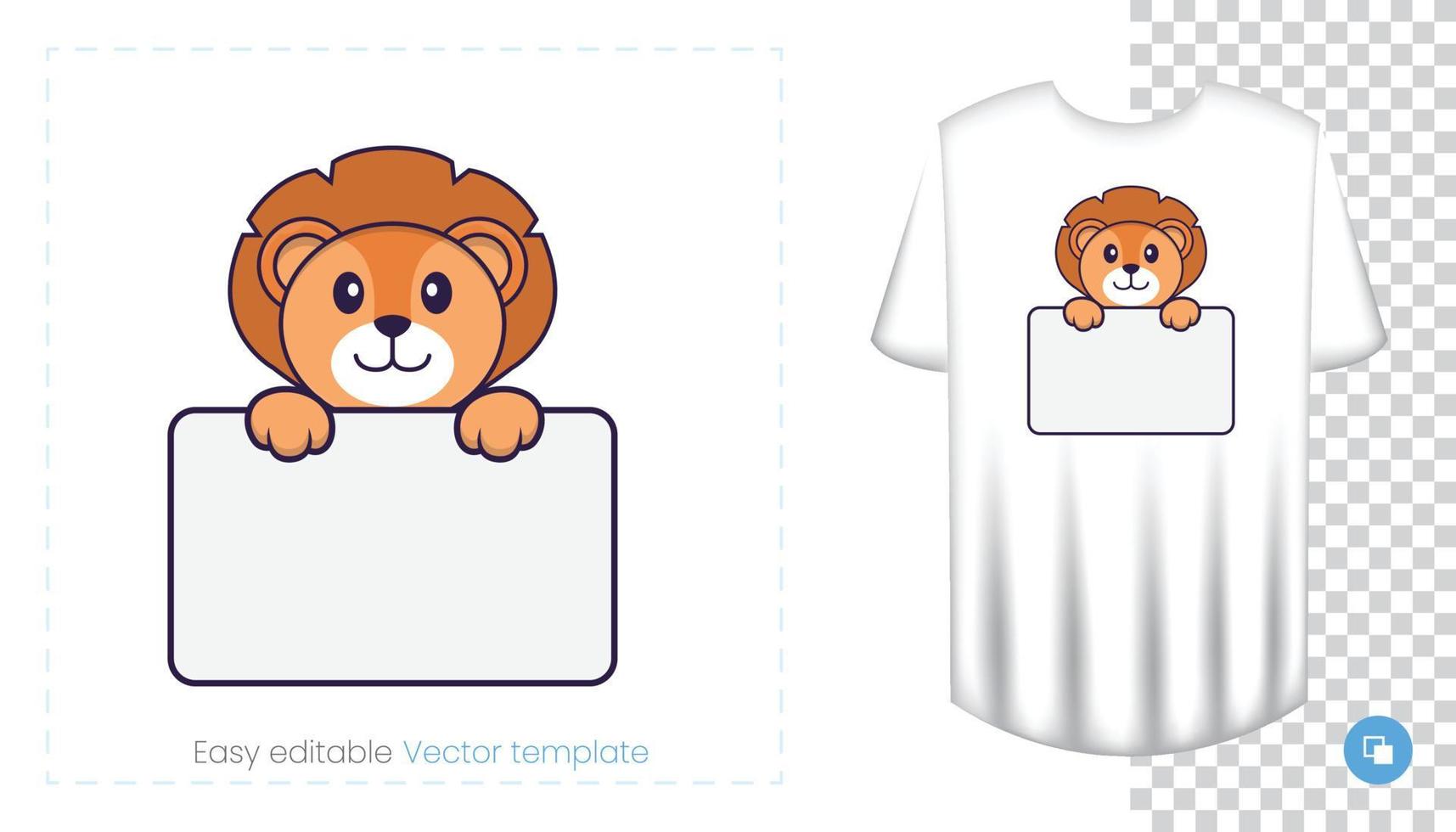 Cute lion character. Prints on T-shirts, sweatshirts, cases for mobile phones, souvenirs. Isolated vector illustration on white background.