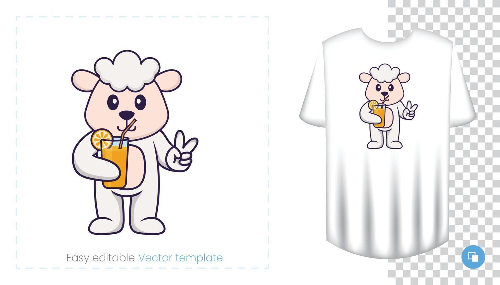 Cute sheep character. Prints on T-shirts, sweatshirts, cases for mobile phones, souvenirs. Isolated vector illustration on white background.