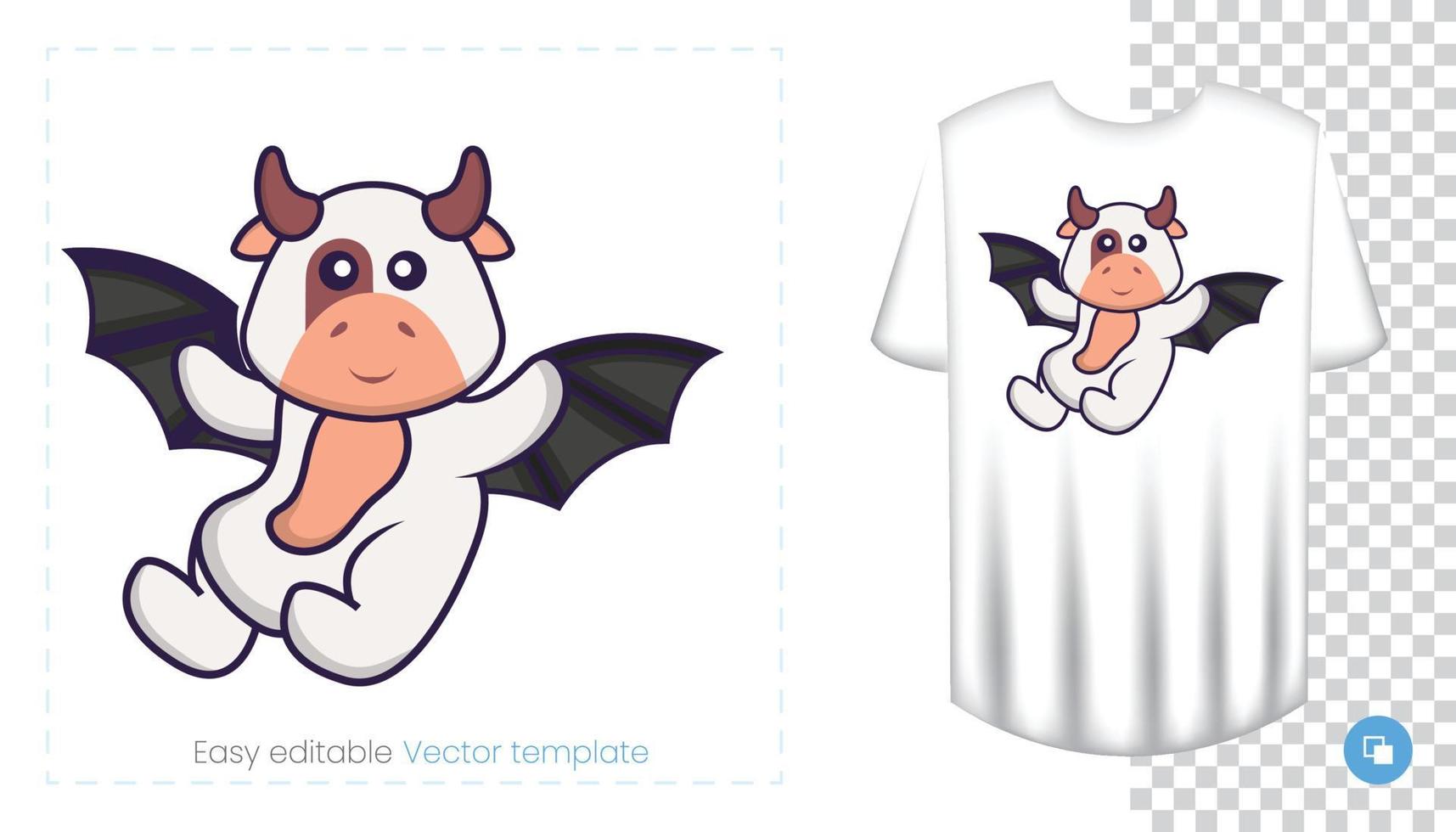 lindo personaje de vaca. estampados en camisetas, sudaderas, fundas para móviles, souvenirs. Ilustración de vector aislado sobre fondo blanco.