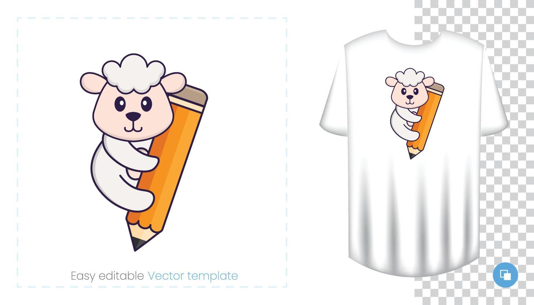 Cute sheep character. Prints on T-shirts, sweatshirts, cases for mobile phones, souvenirs. Isolated vector illustration on white background.