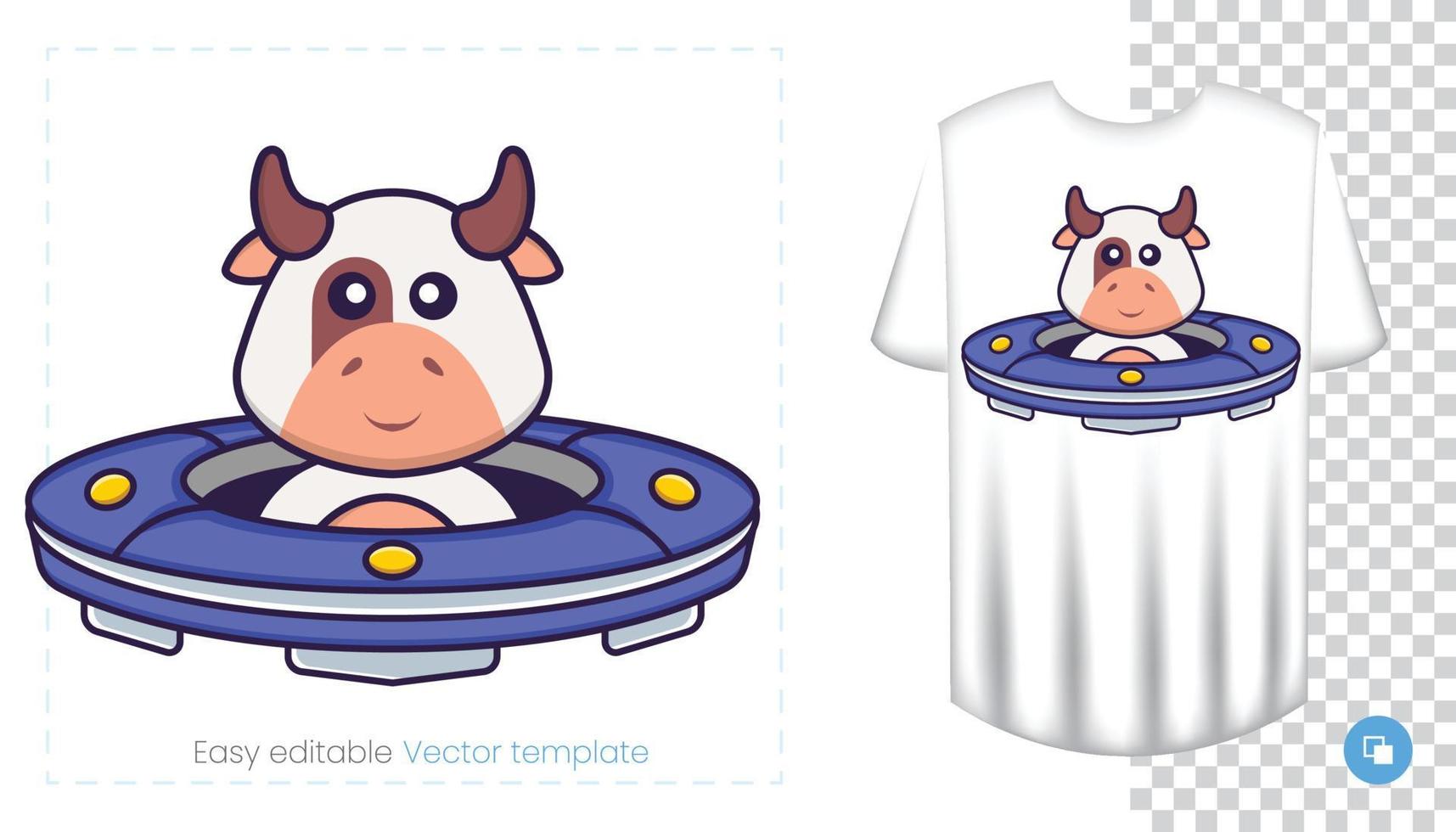 Cute cow character. Prints on T-shirts, sweatshirts, cases for mobile phones, souvenirs. Isolated vector illustration on white background.