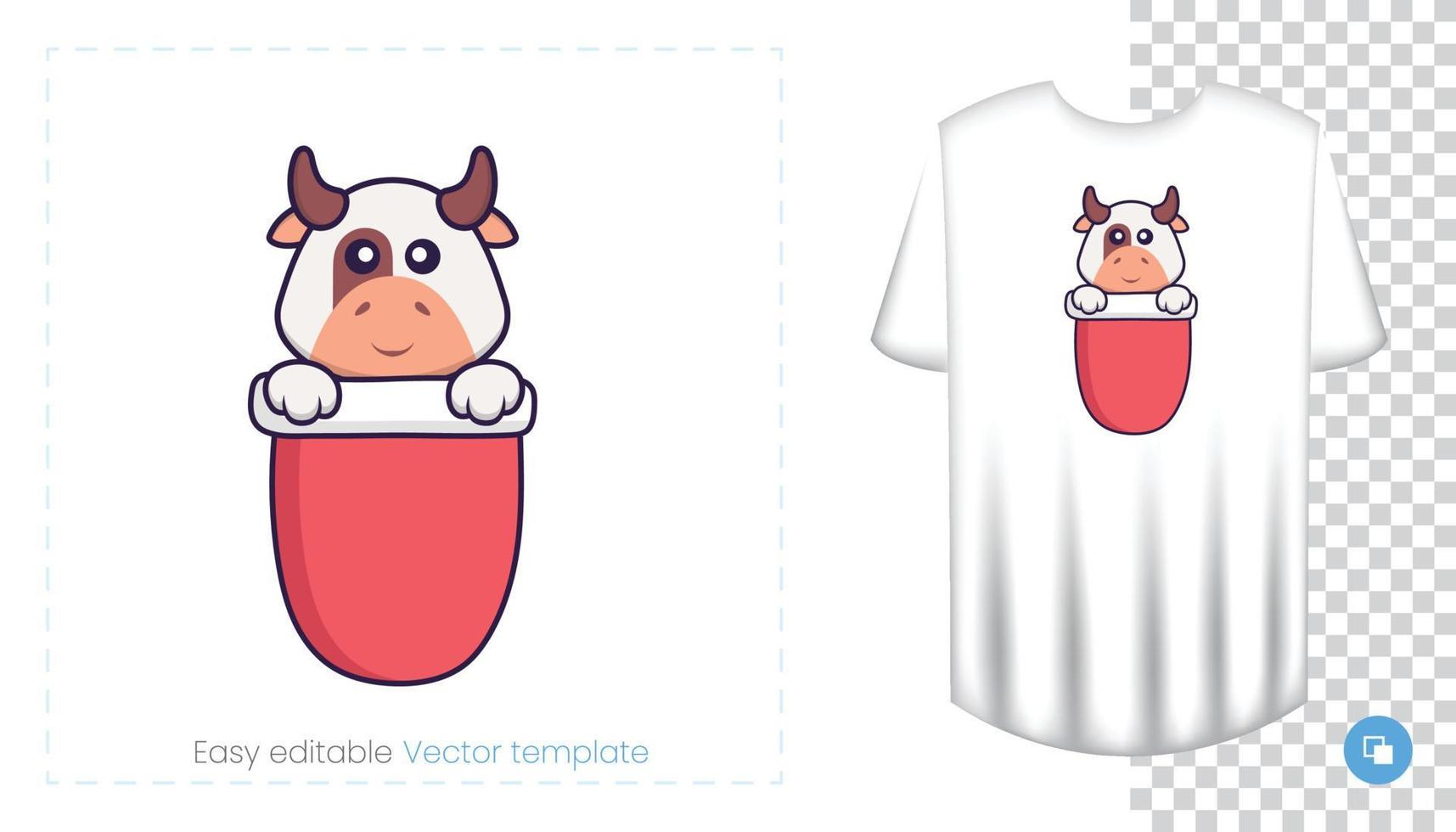 lindo personaje de vaca. estampados en camisetas, sudaderas, fundas para móviles, souvenirs. Ilustración de vector aislado sobre fondo blanco.