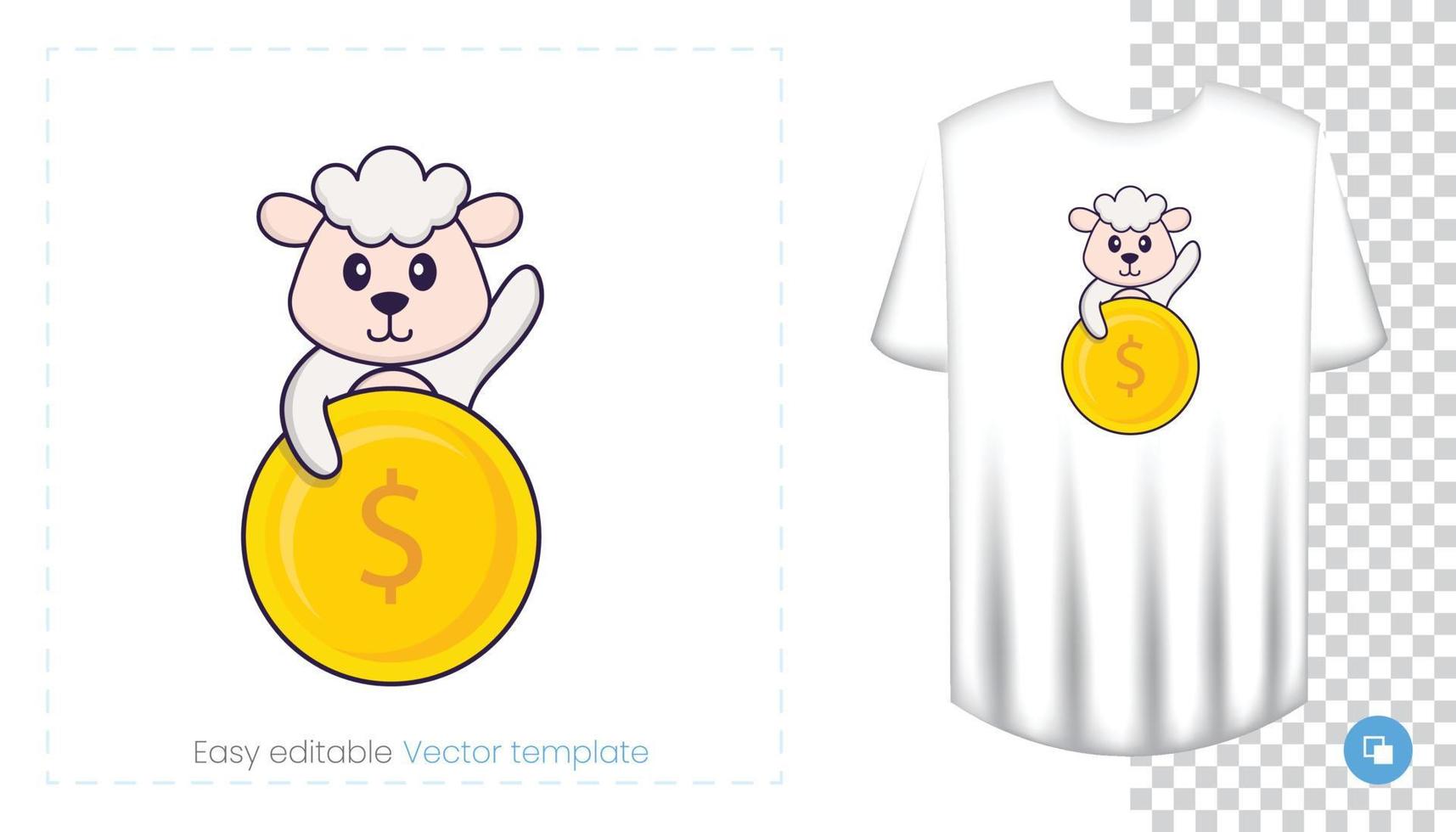 Cute sheep character. Prints on T-shirts, sweatshirts, cases for mobile phones, souvenirs. Isolated vector illustration on white background.