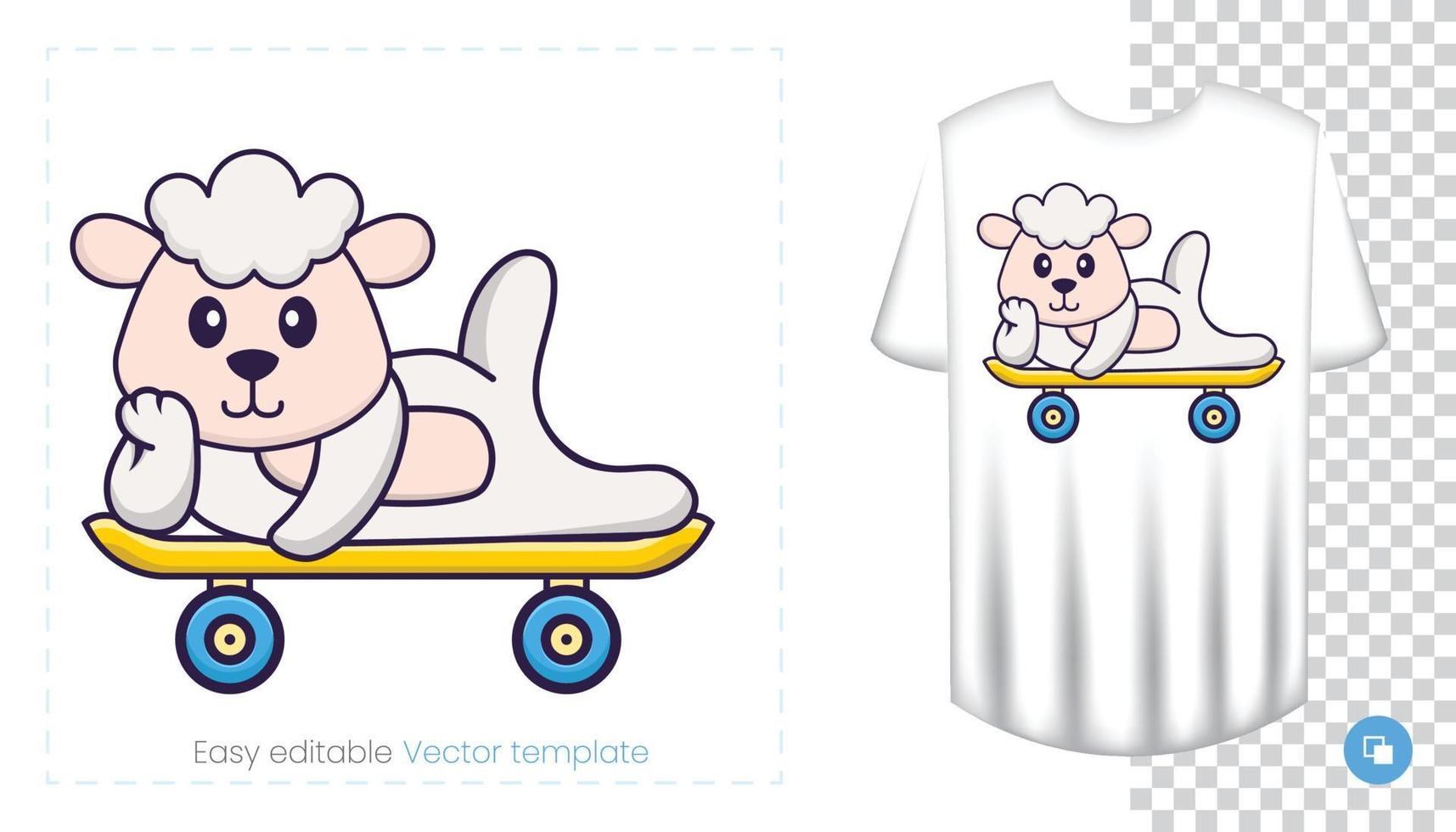 Cute sheep character. Prints on T-shirts, sweatshirts, cases for mobile phones, souvenirs. Isolated vector illustration on white background.