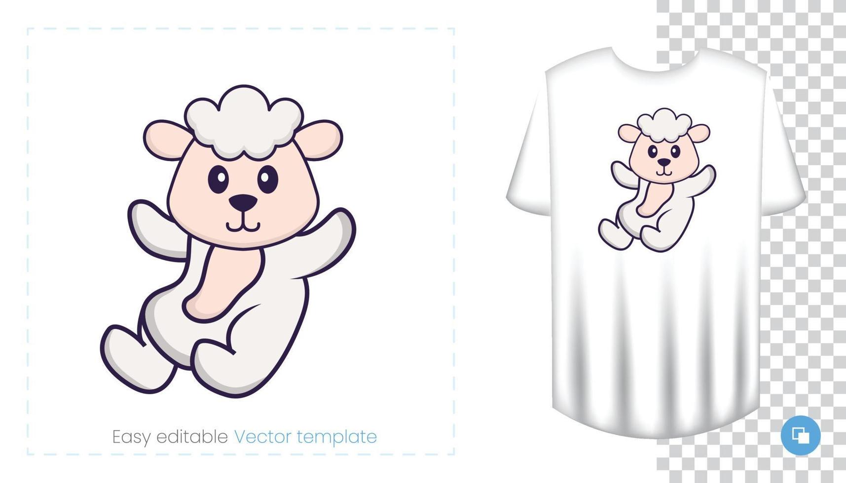 Cute sheep character. Prints on T-shirts, sweatshirts, cases for mobile phones, souvenirs. Isolated vector illustration on white background.