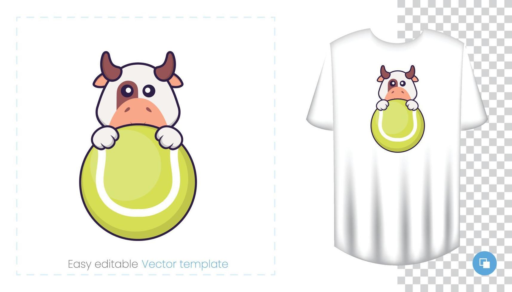 Cute cow character. Prints on T-shirts, sweatshirts, cases for mobile phones, souvenirs. Isolated vector illustration on white background.