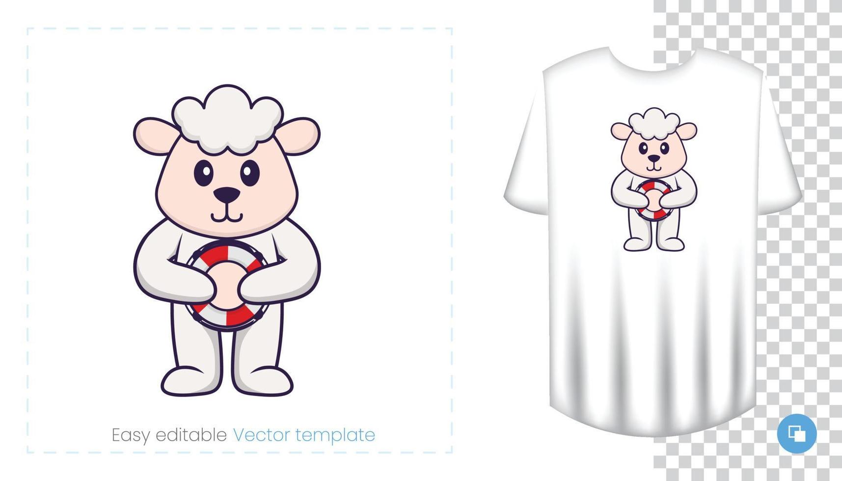 Cute sheep character. Prints on T-shirts, sweatshirts, cases for mobile phones, souvenirs. Isolated vector illustration on white background.