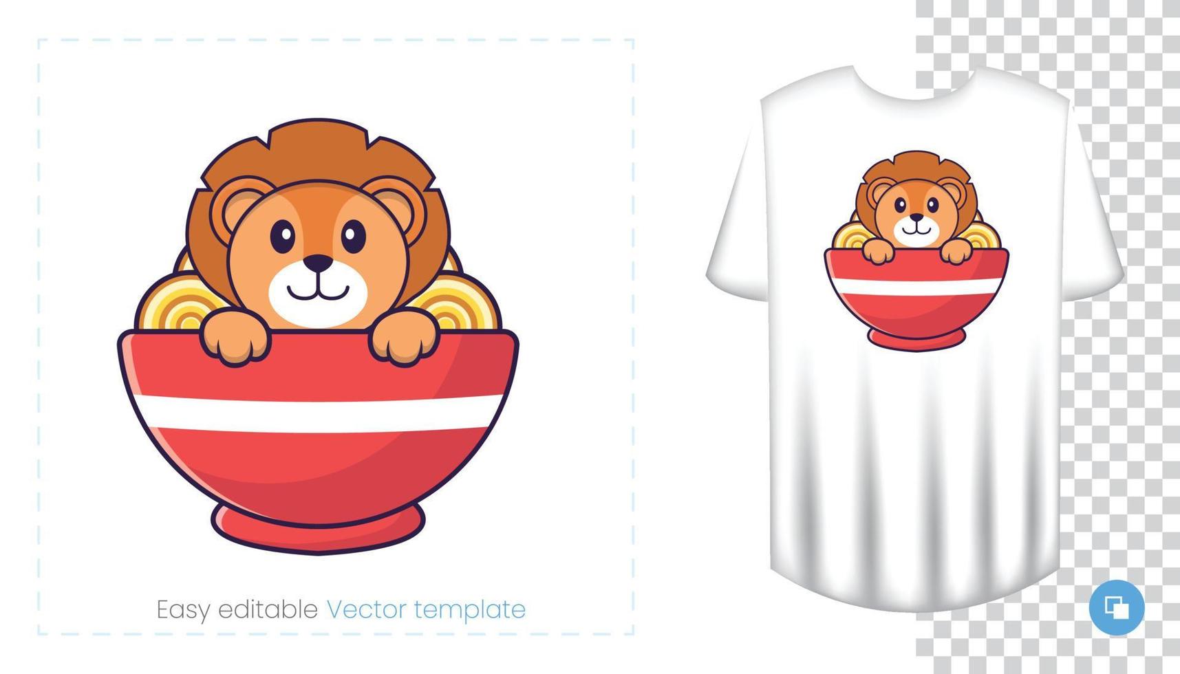 Cute lion character. Prints on T-shirts, sweatshirts, cases for mobile phones, souvenirs. Isolated vector illustration on white background.