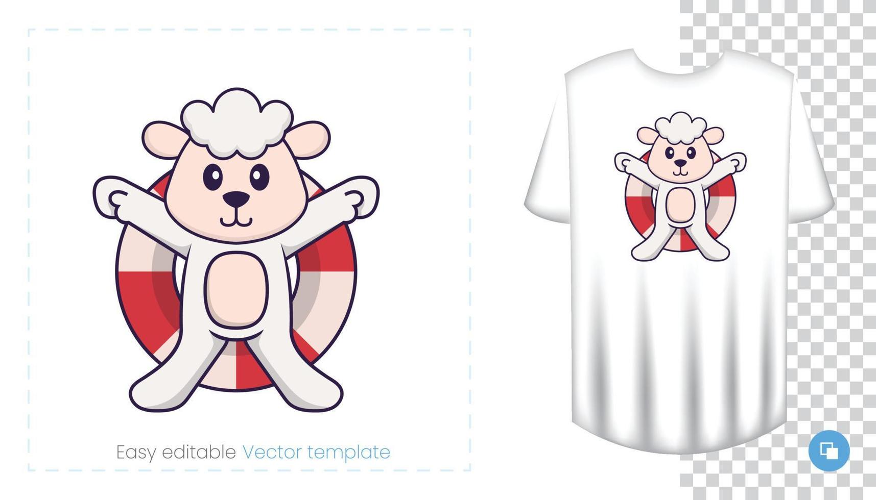 Cute sheep character. Prints on T-shirts, sweatshirts, cases for mobile phones, souvenirs. Isolated vector illustration on white background.