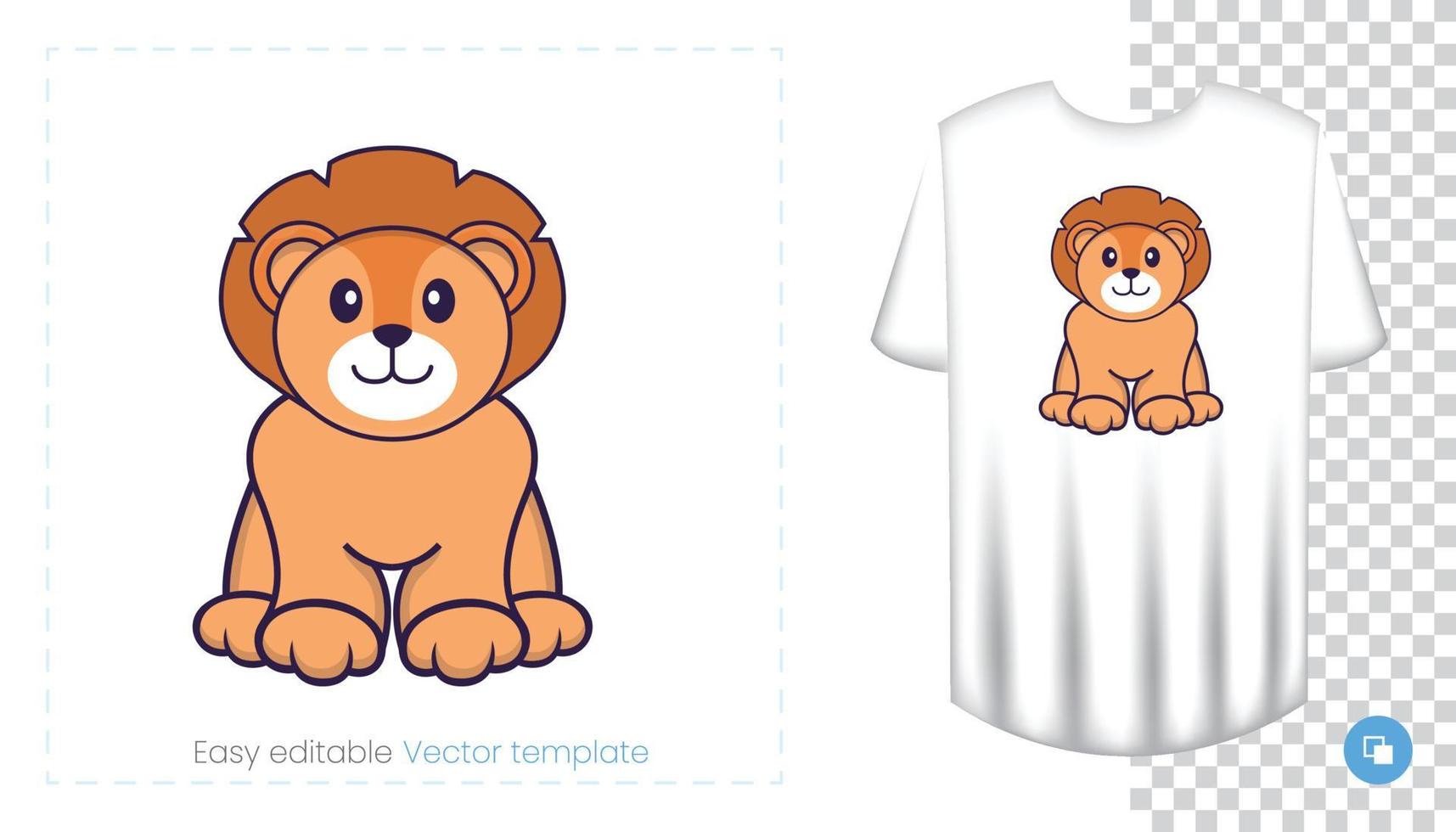 Cute lion character. Prints on T-shirts, sweatshirts, cases for mobile phones, souvenirs. Isolated vector illustration on white background.