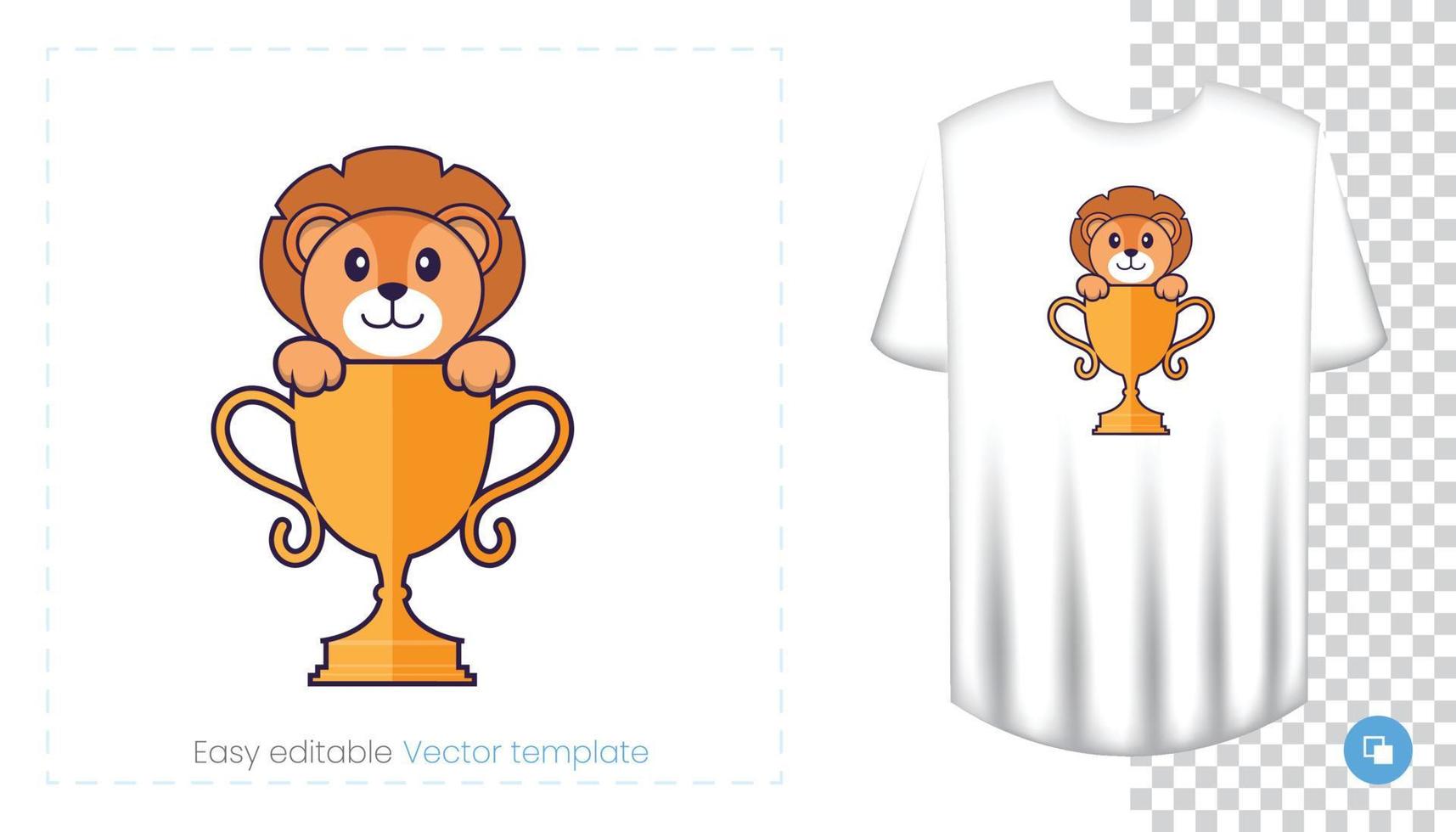 Cute lion character. Prints on T-shirts, sweatshirts, cases for mobile phones, souvenirs. Isolated vector illustration on white background.