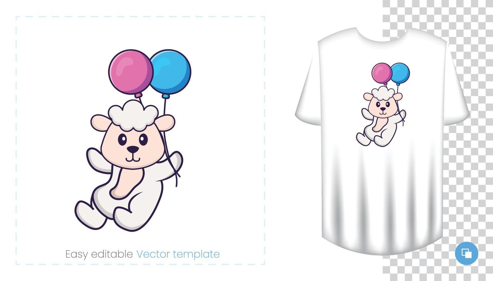 Cute sheep character. Prints on T-shirts, sweatshirts, cases for mobile phones, souvenirs. Isolated vector illustration on white background.
