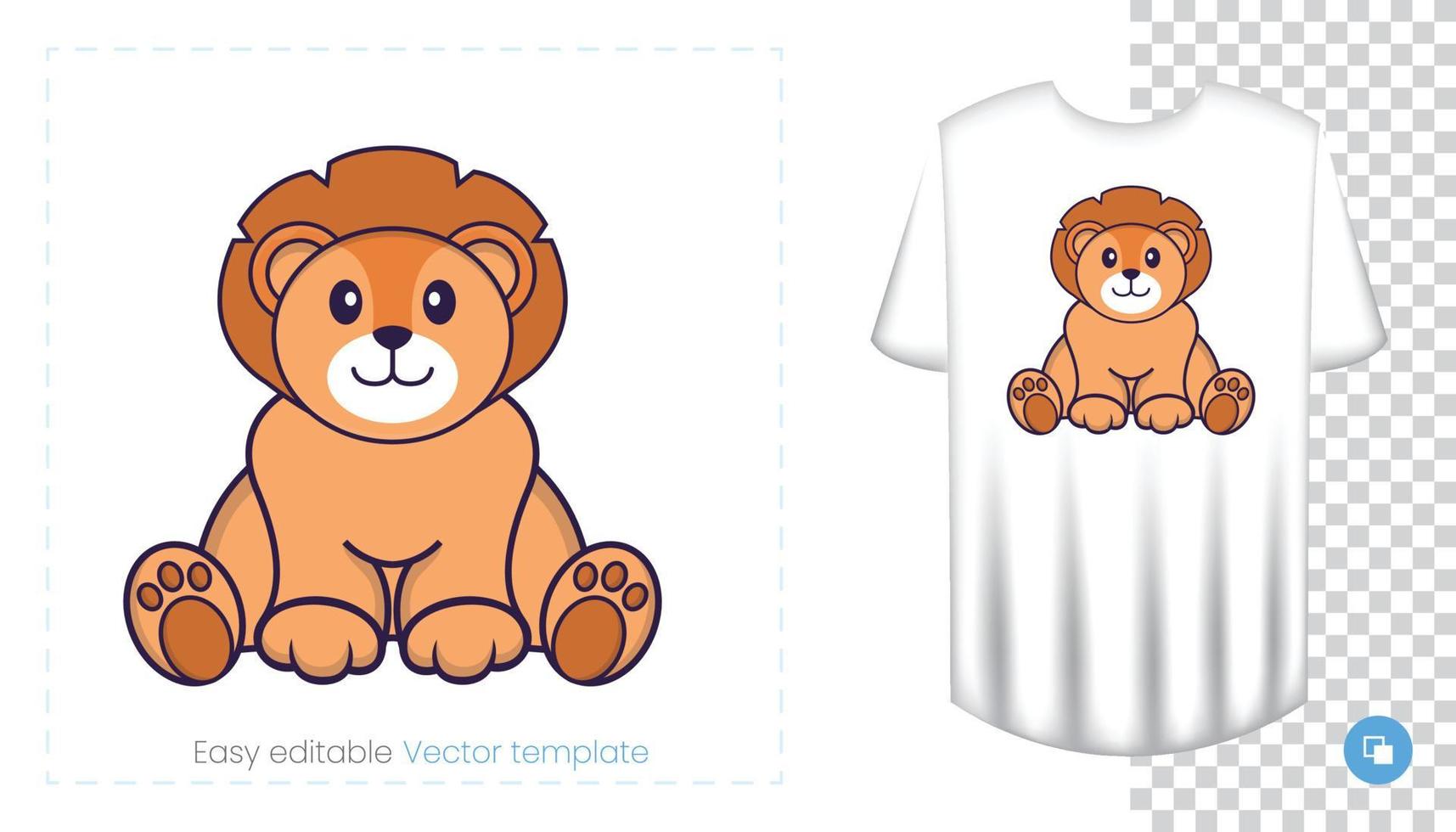Cute lion character. Prints on T-shirts, sweatshirts, cases for mobile phones, souvenirs. Isolated vector illustration on white background.