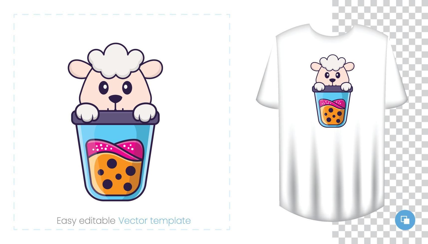 Cute sheep character. Prints on T-shirts, sweatshirts, cases for mobile phones, souvenirs. Isolated vector illustration on white background.