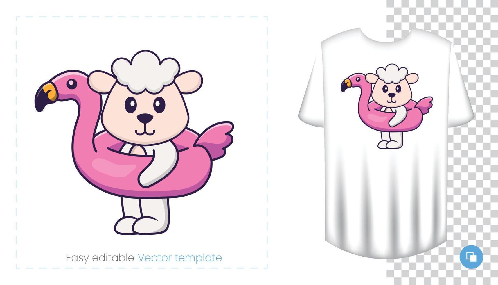 Cute sheep character. Prints on T-shirts, sweatshirts, cases for mobile phones, souvenirs. Isolated vector illustration on white background.