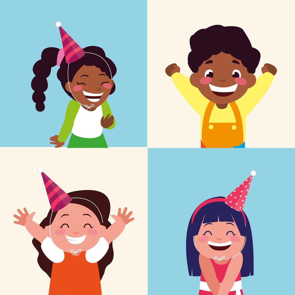 girls and boy cartoon with happy birthday hats vector design