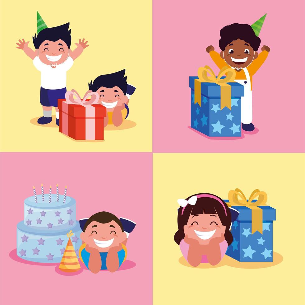 Niños y niñas con diseño de vector de pastel y regalos de feliz cumpleaños