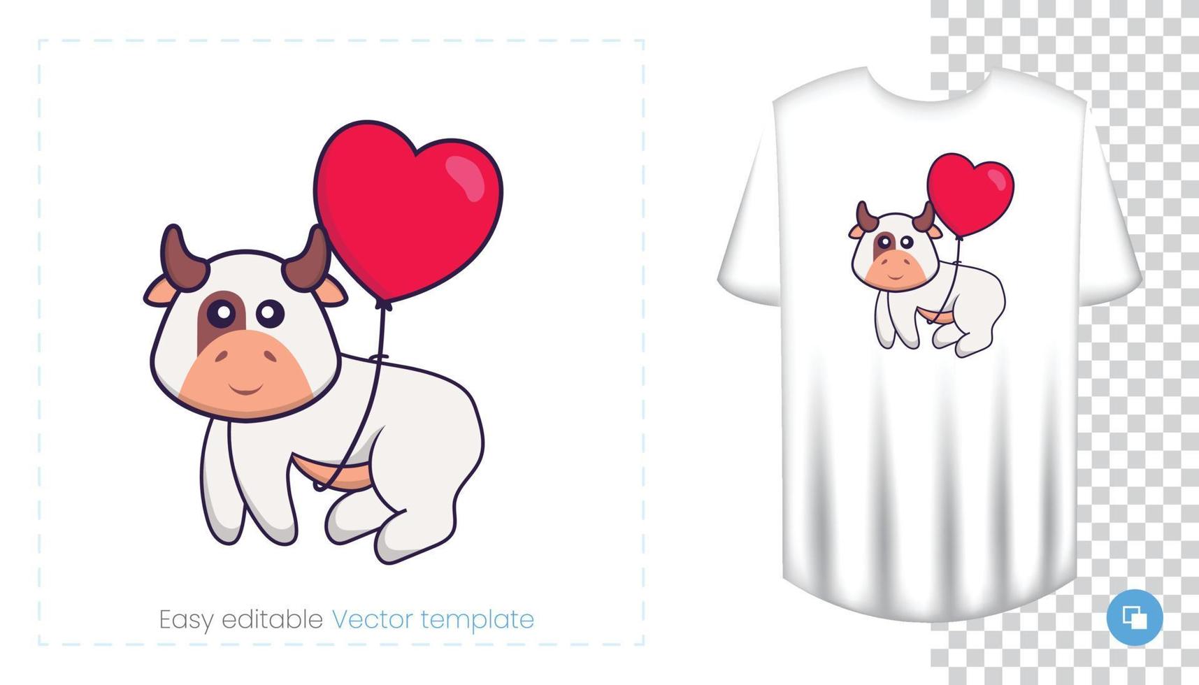 lindo personaje de vaca. estampados en camisetas, sudaderas, fundas para móviles, souvenirs. Ilustración de vector aislado sobre fondo blanco.