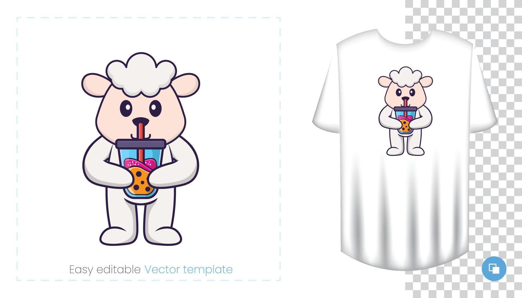 Cute sheep character. Prints on T-shirts, sweatshirts, cases for mobile phones, souvenirs. Isolated vector illustration on white background.