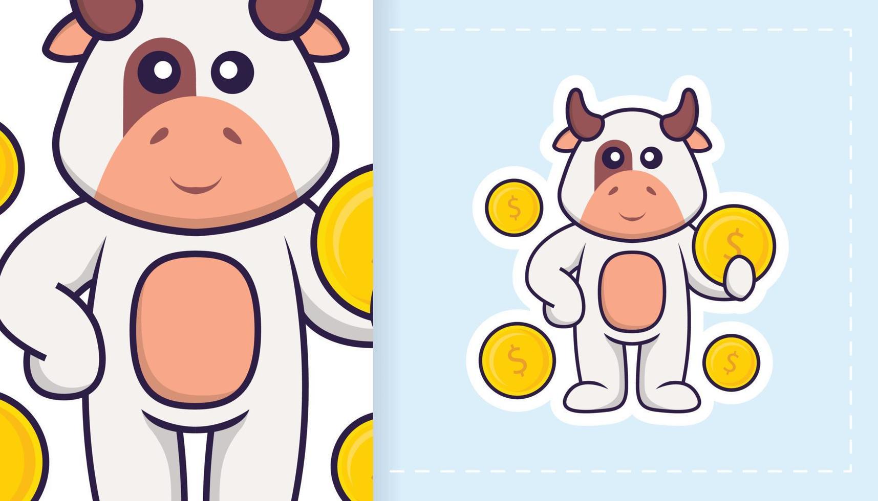 lindo personaje de mascota de vaca. se puede utilizar para pegatinas, parches, textiles, papel. ilustración vectorial vector