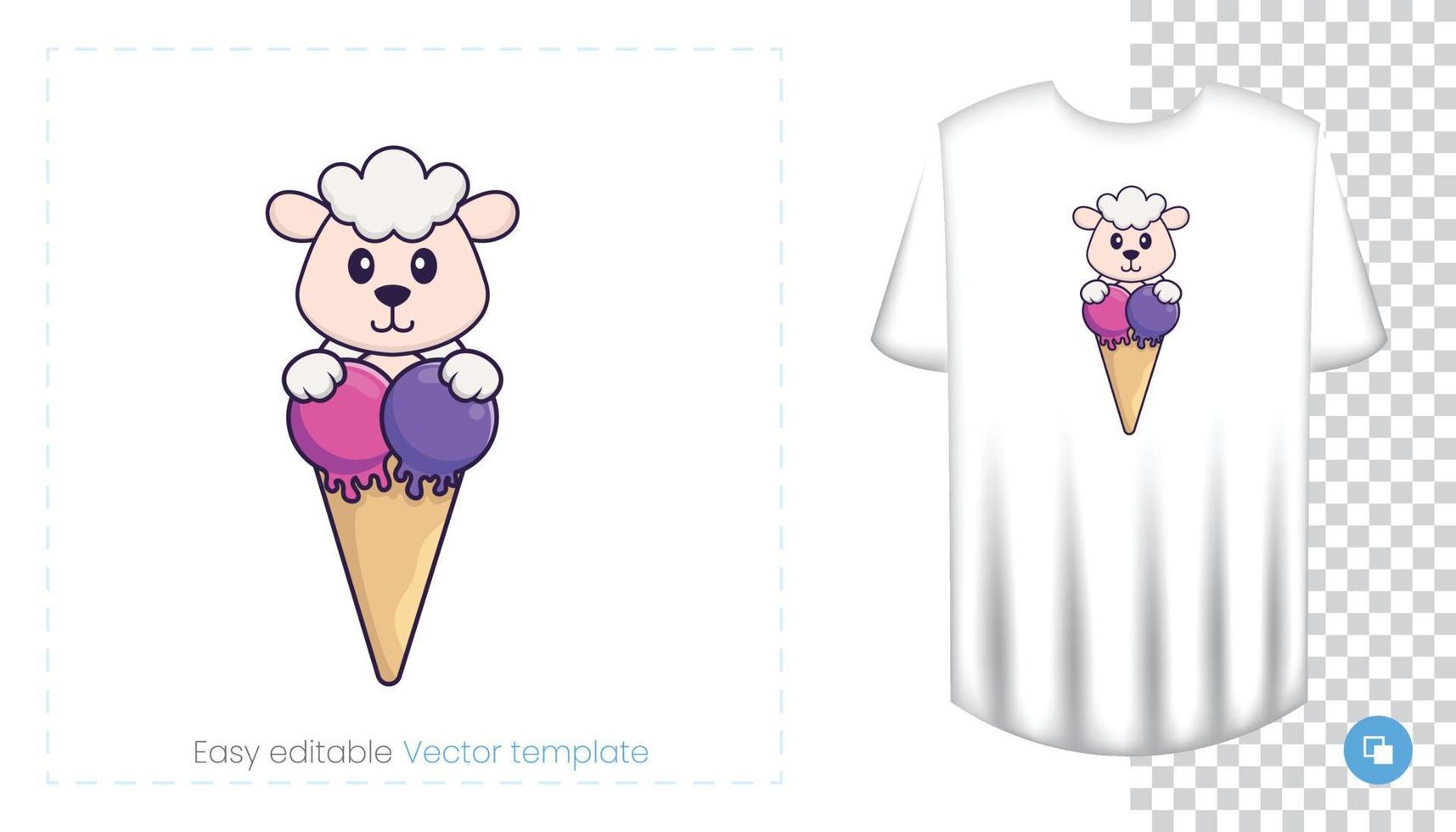 Cute sheep character. Prints on T-shirts, sweatshirts, cases for mobile phones, souvenirs. Isolated vector illustration on white background.