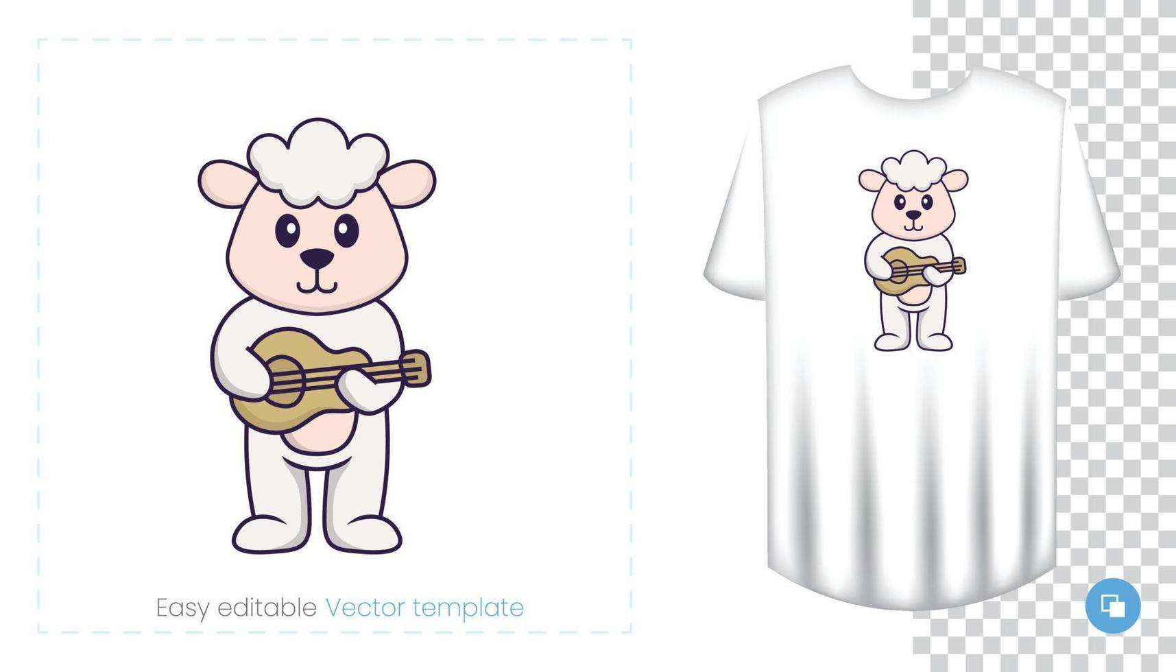 Cute sheep character. Prints on T-shirts, sweatshirts, cases for mobile phones, souvenirs. Isolated vector illustration on white background.