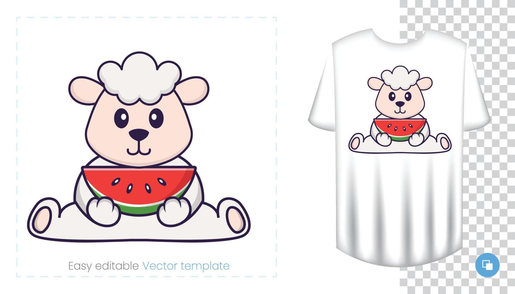 Cute sheep character. Prints on T-shirts, sweatshirts, cases for mobile phones, souvenirs. Isolated vector illustration on white background.