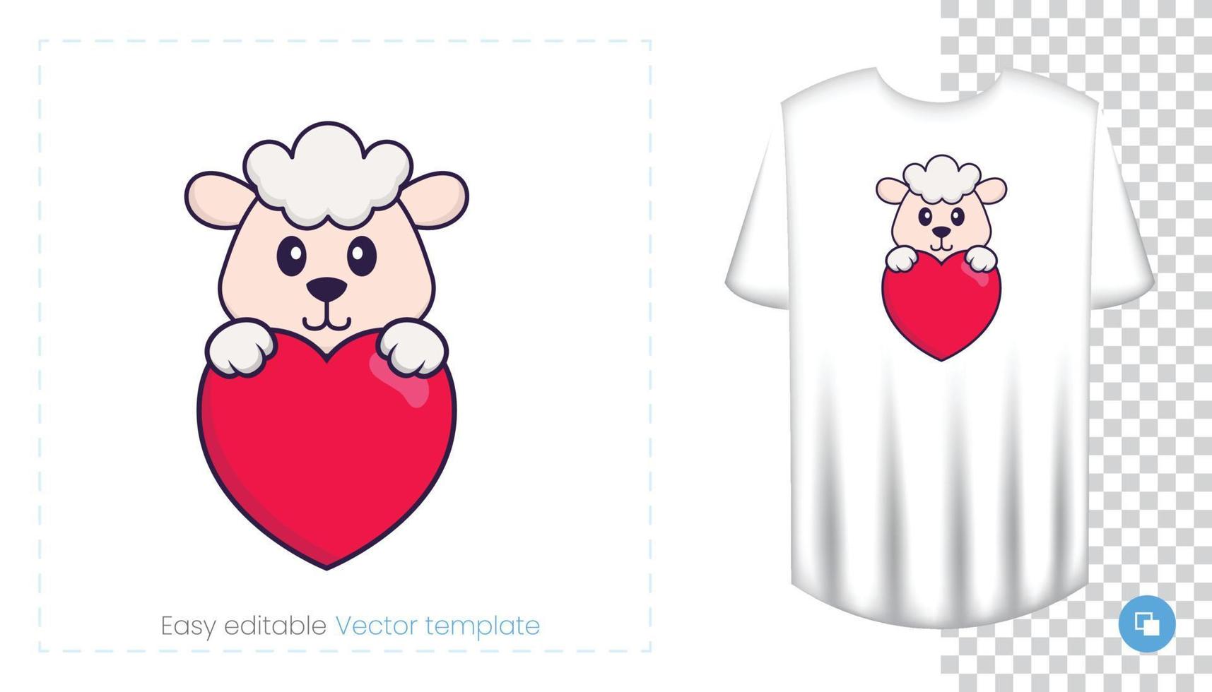 Cute sheep character. Prints on T-shirts, sweatshirts, cases for mobile phones, souvenirs. Isolated vector illustration on white background.