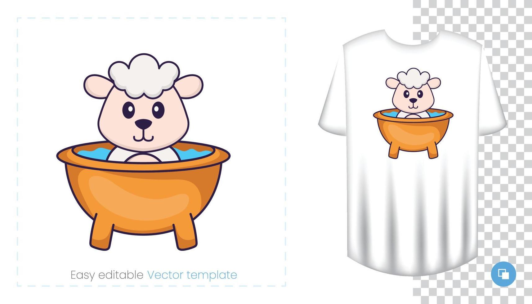 Cute sheep character. Prints on T-shirts, sweatshirts, cases for mobile phones, souvenirs. Isolated vector illustration on white background.