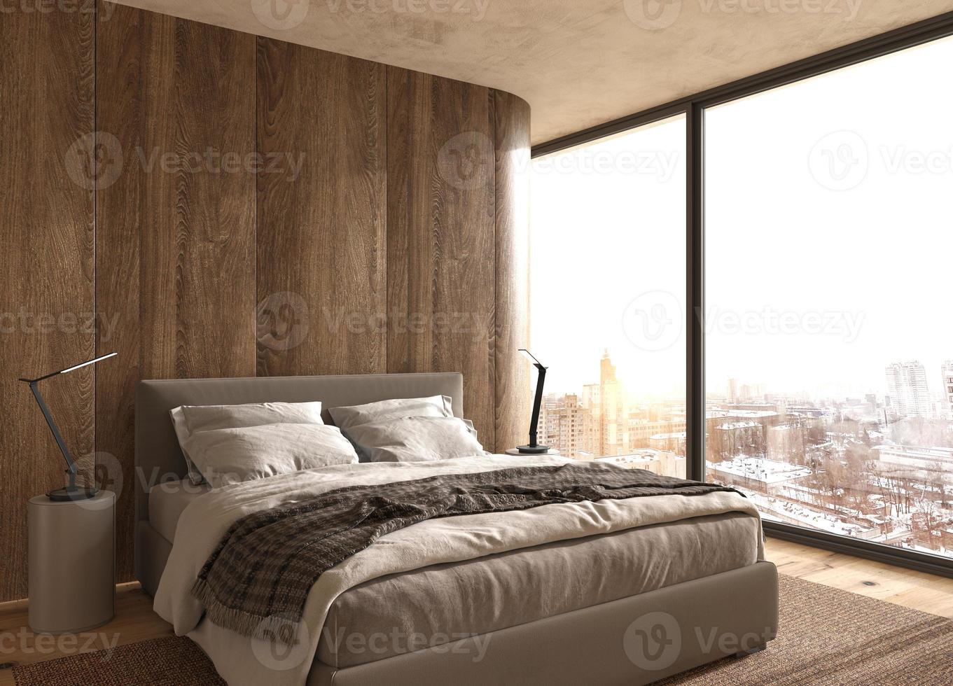 Dormitorio de diseño de interiores moderno en estilo escandinavo. Departamento con gran ventanal y vista al invierno. Ilustración de renderizado 3D. foto