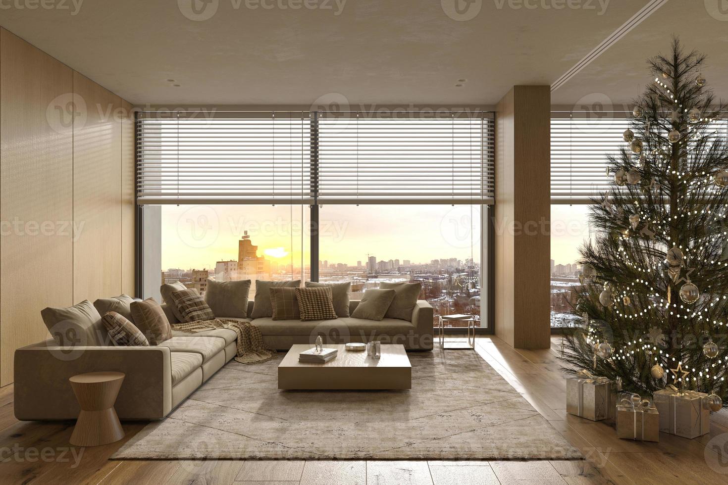 Christmas tree with toys and gifts decorate modern interior design. 3d render illustration living room with windows and winter snow view, sunset. photo
