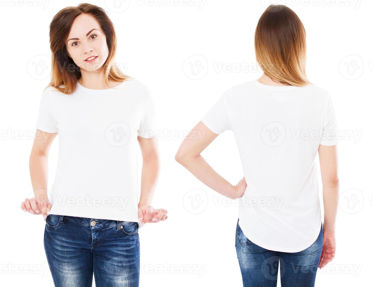 set happy asian woman pointing with on her blank white t-shirt while standing isolated, korean girl photo
