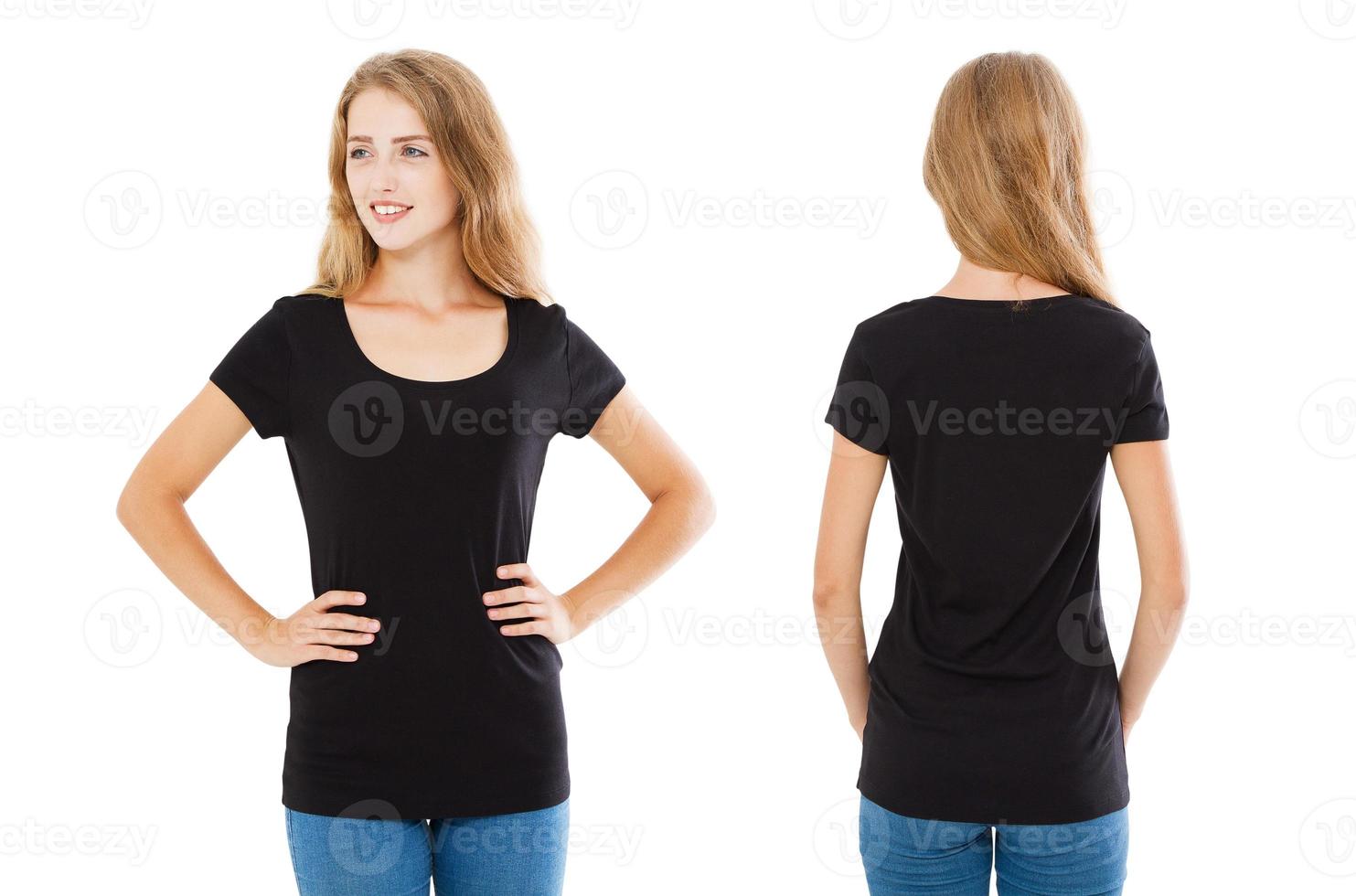 collage empty t-shirt, woman in blank t shirt - front back views, black tshirt isolated on white photo