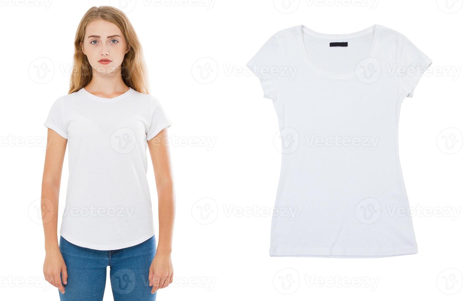 Maqueta de camiseta blanca de niña, primer plano de camiseta vacía, camiseta  de verano sobre fondo blanco, maqueta de camiseta de mujer 4962352 Foto de  stock en Vecteezy
