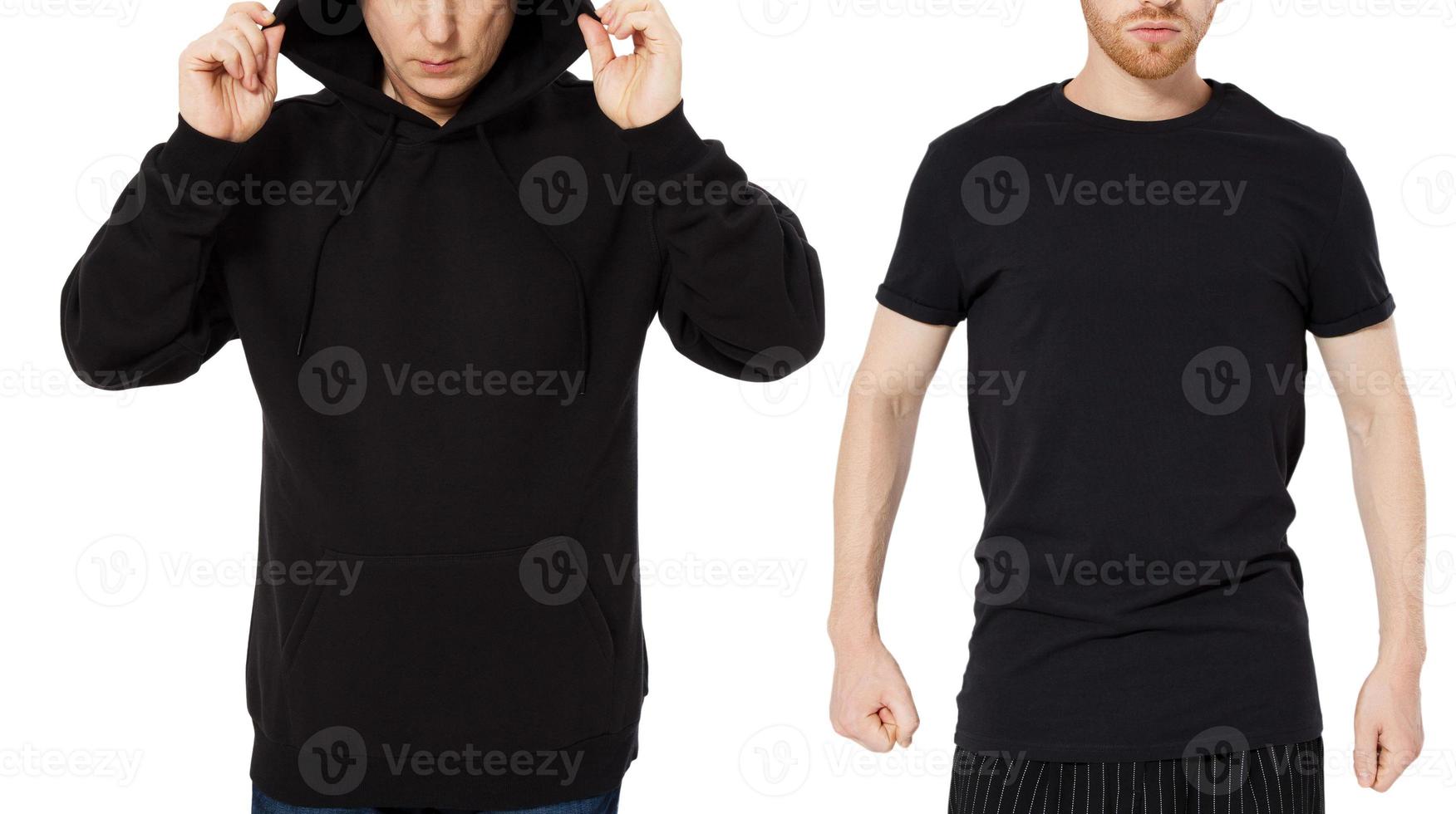 Black Hoody T-shirt mock up set isolated front view, man in black hoody and man in t shirt mockup set isolated on white background. Two guys in empty black hoodie and tshirt collage photo