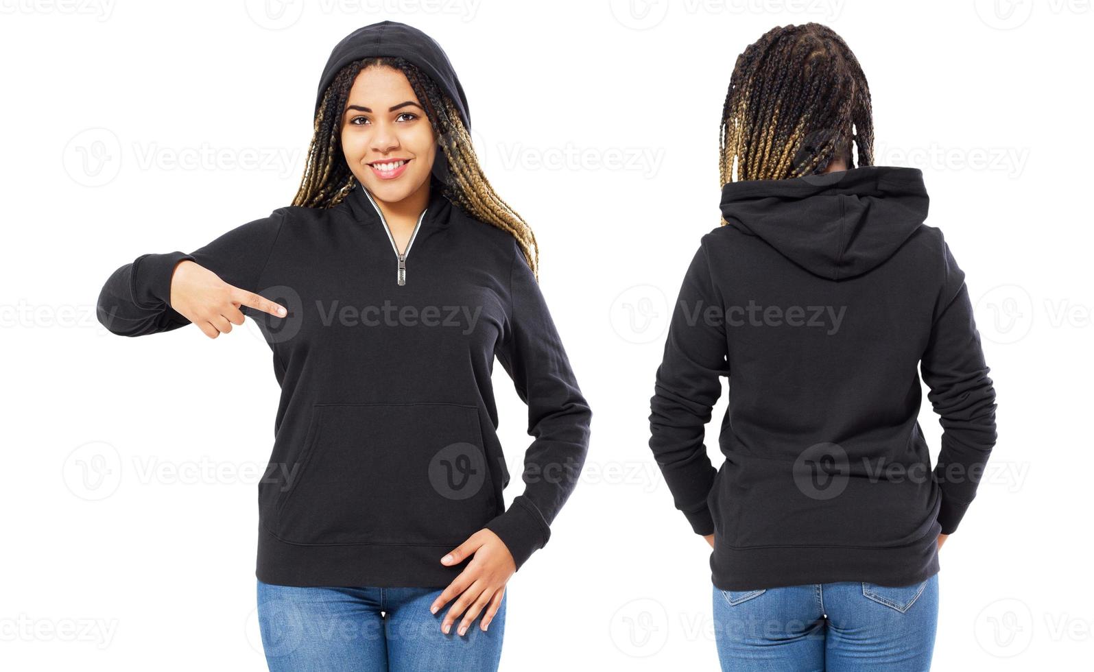 Elegante chica afroamericana vista frontal y posterior de la sudadera con capucha - mujer negra en maqueta de sudadera negra aislada sobre fondo blanco 4962388 Foto de stock en Vecteezy