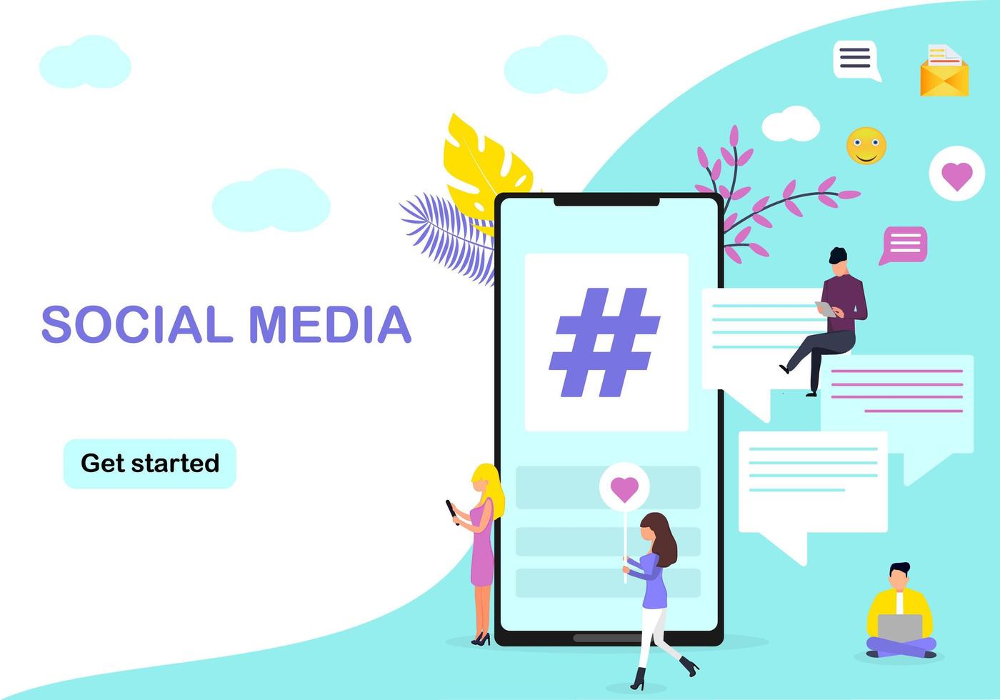 Group of people on social media with hashtag, people add more follower with hashtag, social media marketing, can use for, landing page, template, ui, web, background, poster, banner, flyer vector