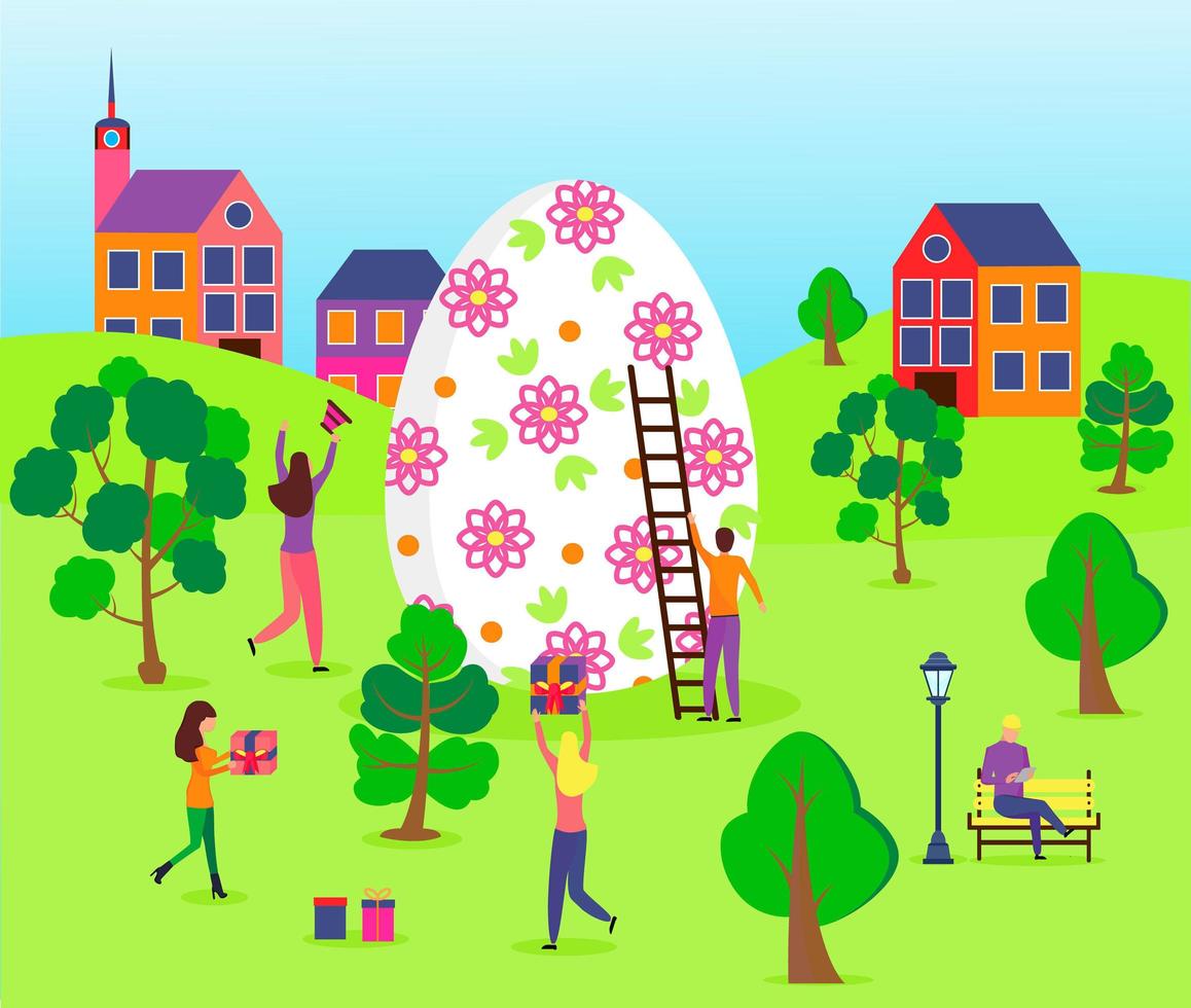 Happy Easter scene with tiny people. Easter street event, festival and fair, banner, poster design, it can use for landing page, template, ui, web, mobile app, poster, banner, flyer vector