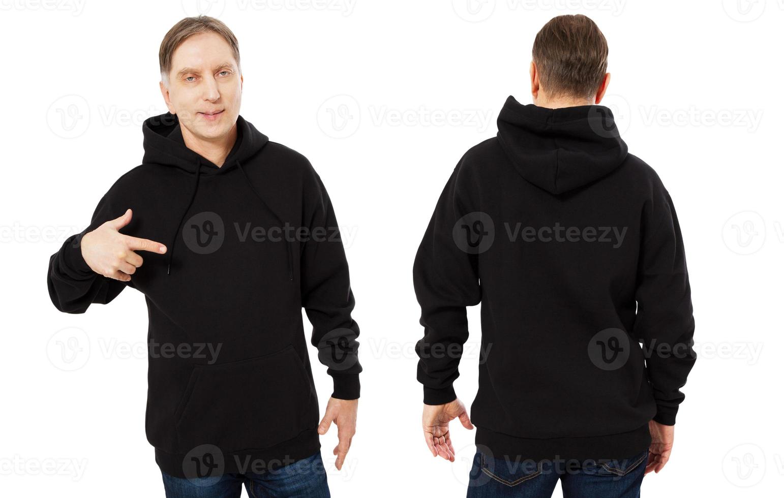 Happy man in template mens black hoodie sweatshirt isolated on white background. Man in black blank sweatshirt hoody with copy space and mockup for design logo print, Front and back view. photo