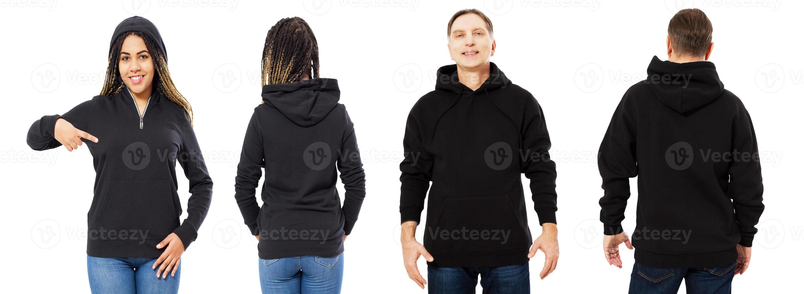 Front back and rear black sweatshirt view. Beautiful black woman and man in template clothes for print and copy space isolated on white background. Mock up photo