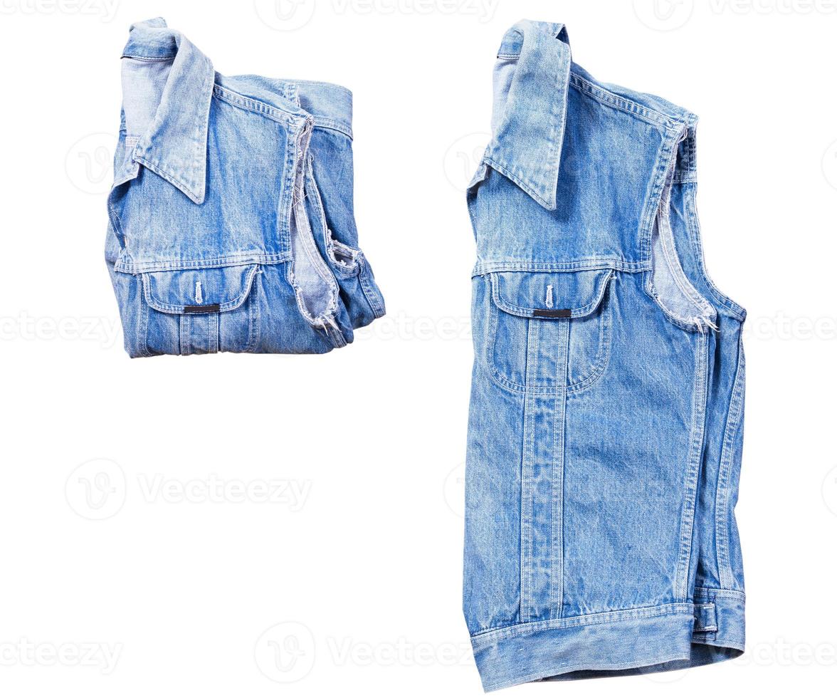 Denim vest set, set of denim vest, jeans vest front back view. Folded Vest isolated on white background copy space photo