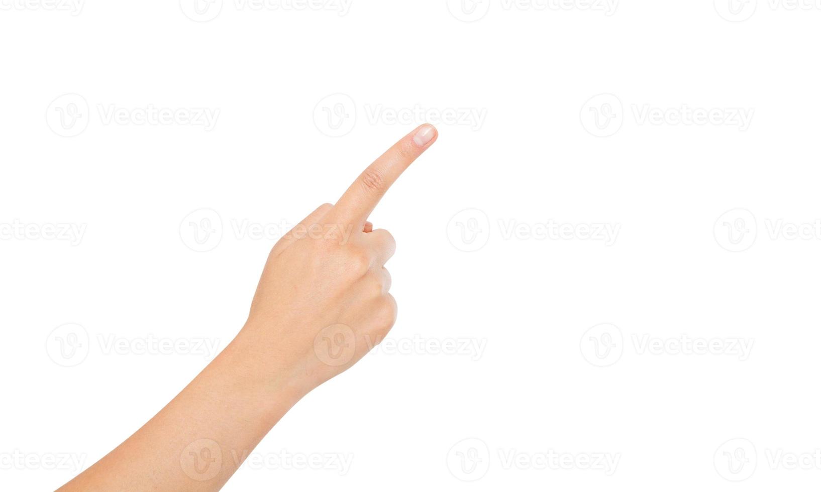 korean,asian finger point isolated white background. woman hand photo