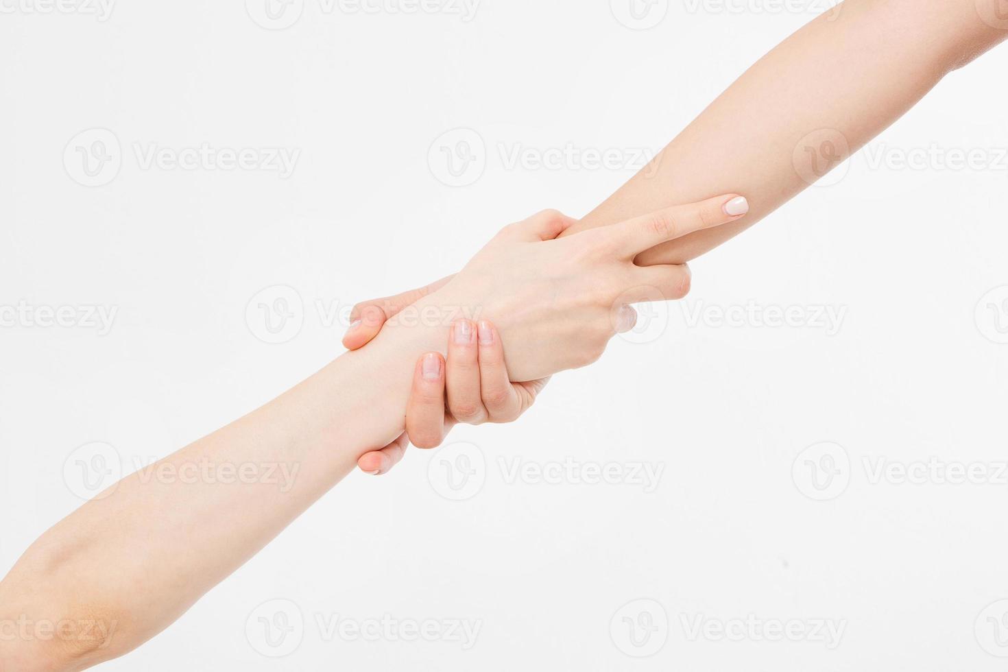 Two hands isolated. Helping hand to a friend. Copy space. Rescue or helping gesture of arms. photo