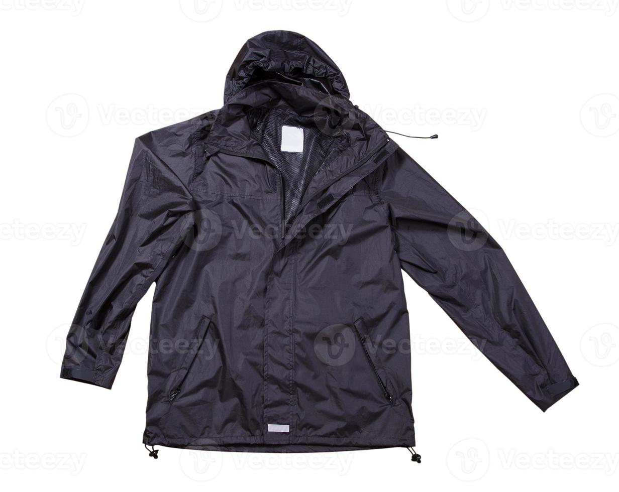 Chaqueta de lluvia negra vista superior aislada, ropa de algodón sobre fondo blanco, chaqueta de hombre azul foto