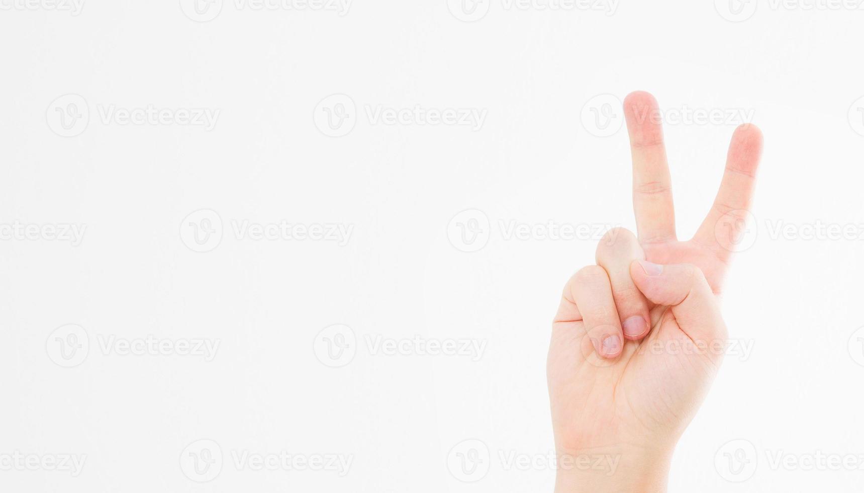 hand showing the sign of victory or peace closeup isolated on white background.Front view. Mock up. Copy space. Template. Blank. photo