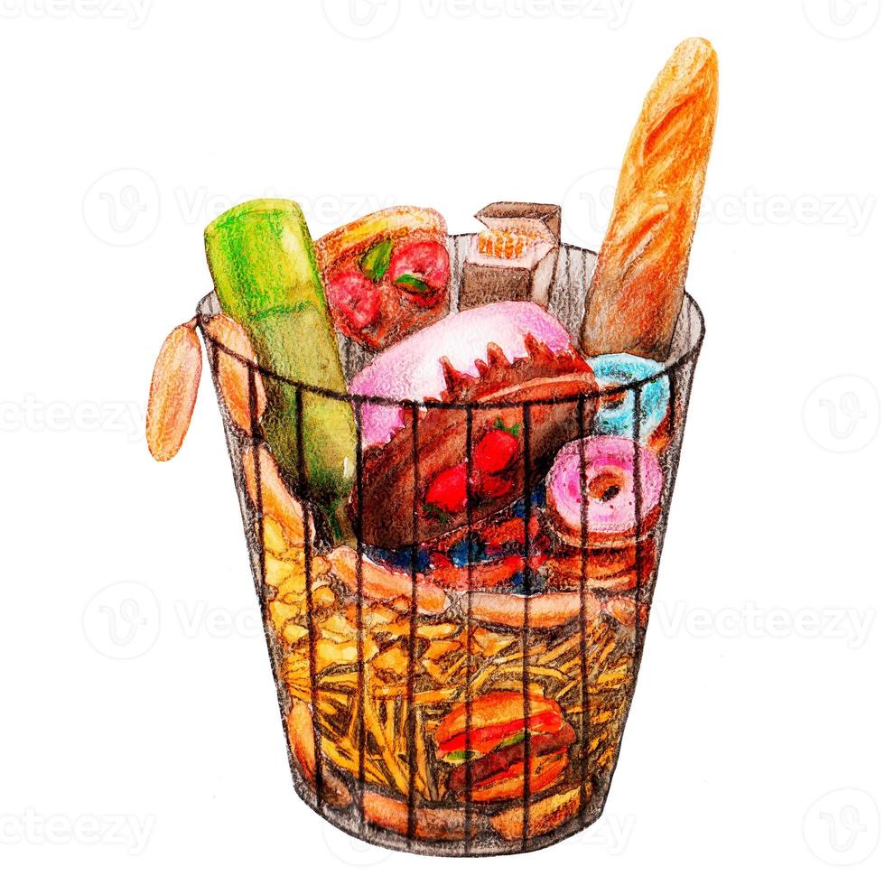 Unhealthy food in a trash basket. Unhealthy Lifestyle. Hamburger, cigarettes, pizza, donuts, french fries, chips, pastries, nipples, cake, alcohol. photo