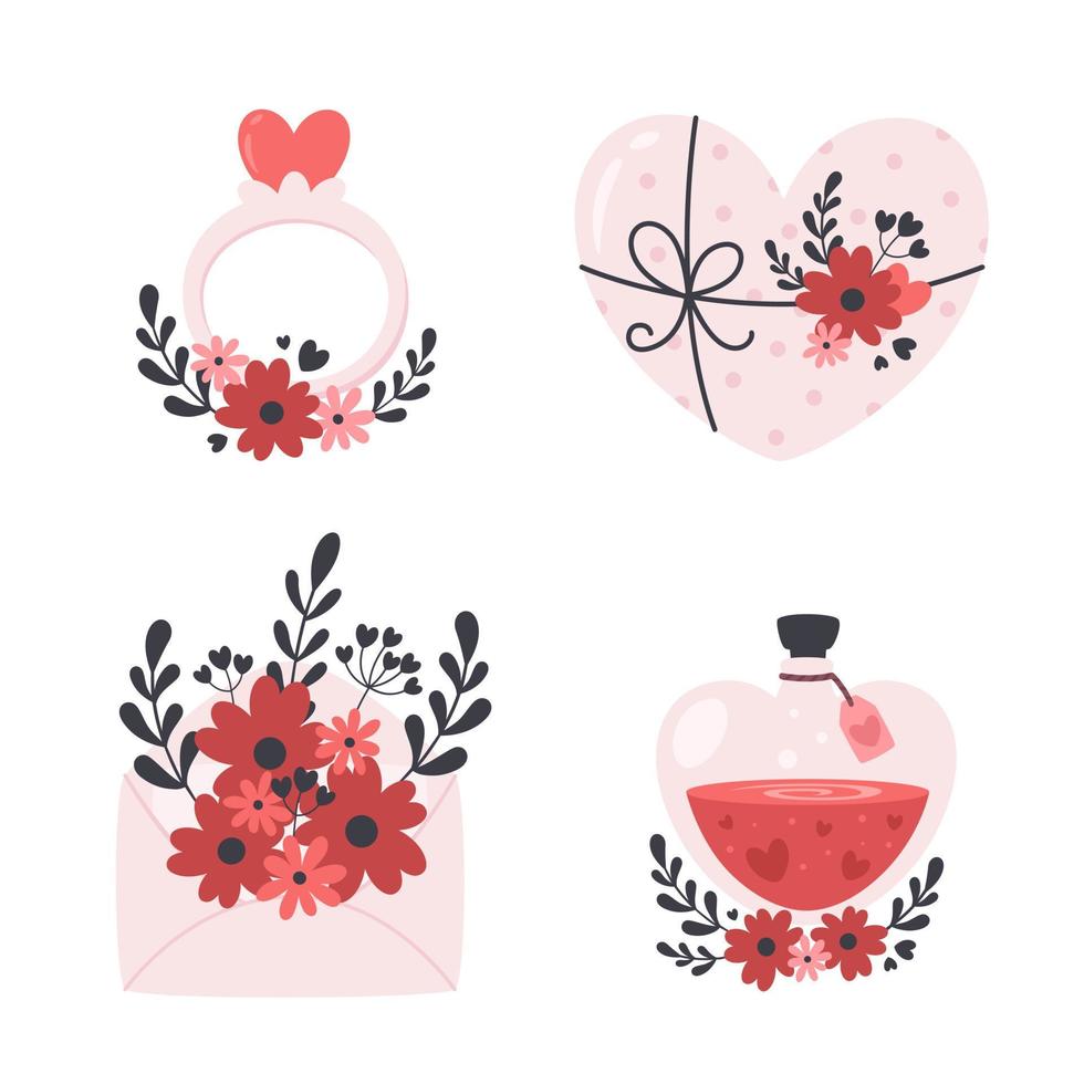 Valentines Day and romantic elements collection. Love potion, gift box, engagement ring with hear and envelope with flowers vector